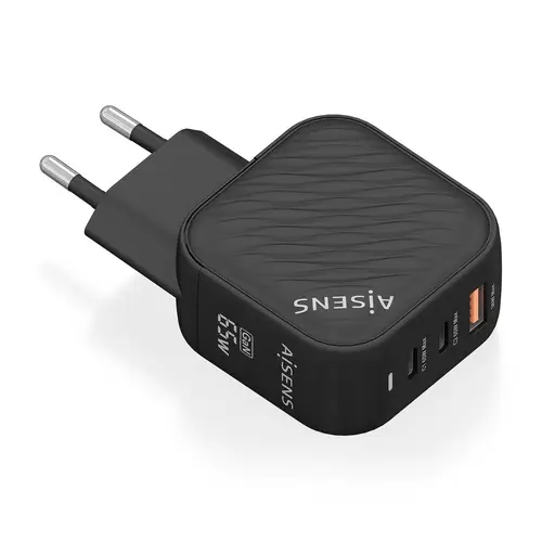Cargador GaN 65W, 2xUSB-C PD3.0 QC4.0, 1xUSB-A QC3.0, Negro - Imagen 1