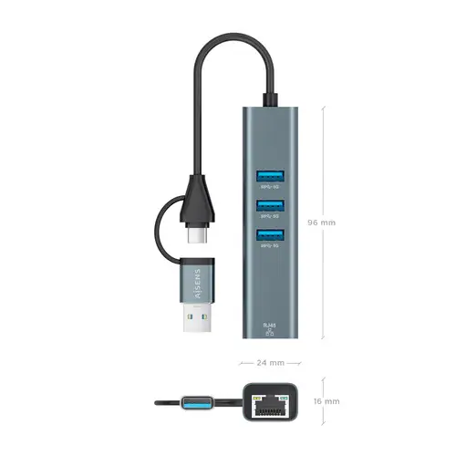 Conversor USB3.2 Gen1 USB-A+USB-C A Ethernet Gigabit 10/100/1000 Mbps + Hub 3xUSB3.0, Gris, 15cm - Imagen 4