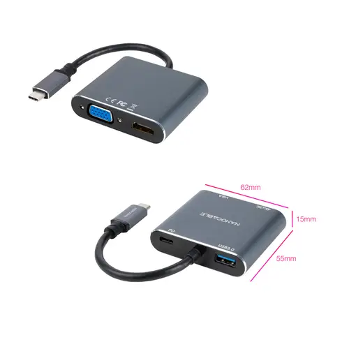 Conversor USB-C a HDMI/VGA/USB3.0/PD 15 cm, Gris - Imagen 3
