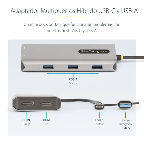 Adaptador Multipuertos USB-C - HDMI Doble (4K30Hz/1080p60Hz) - Hub Ladrón 3x USB-A - Mini Docking Station de Viajes - Docking Station USB Tipo C con Cable Integrado de 40cm - Imagen 10