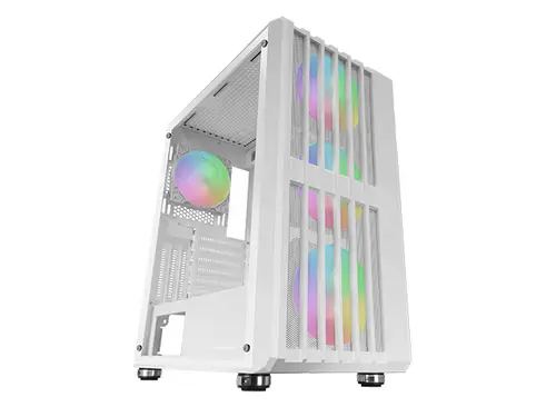MC-VAULT, Caja Gaming ATX, 4x Ventiladores ARGB 120mm, Panel Frontal Mesh con Diseño Vertical, Ventana Lateral Cristal Templado, 3x Slots PCI Verticales, Semitorre PC Profesional, Blanco - Imagen 2
