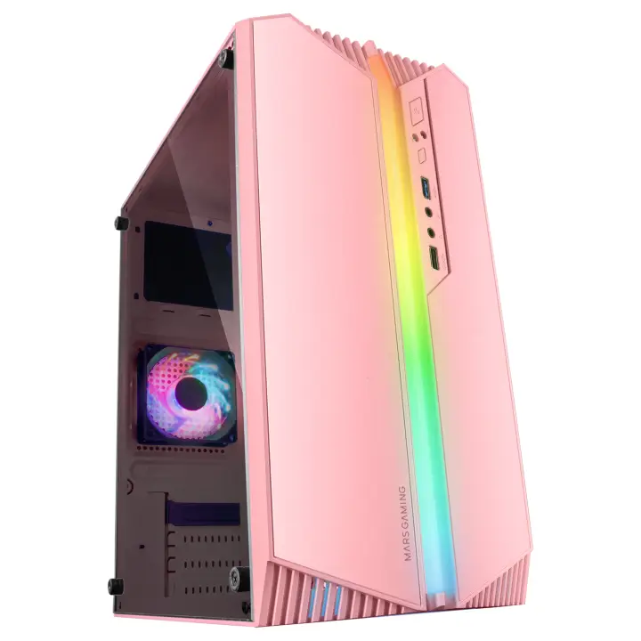 MC-S1, Caja PC Compacta Gaming Micro-ATX, Iluminación ARGB 12 Modos, Ventilador FRGB, Ventana Lateral Completa RGB, Rosa