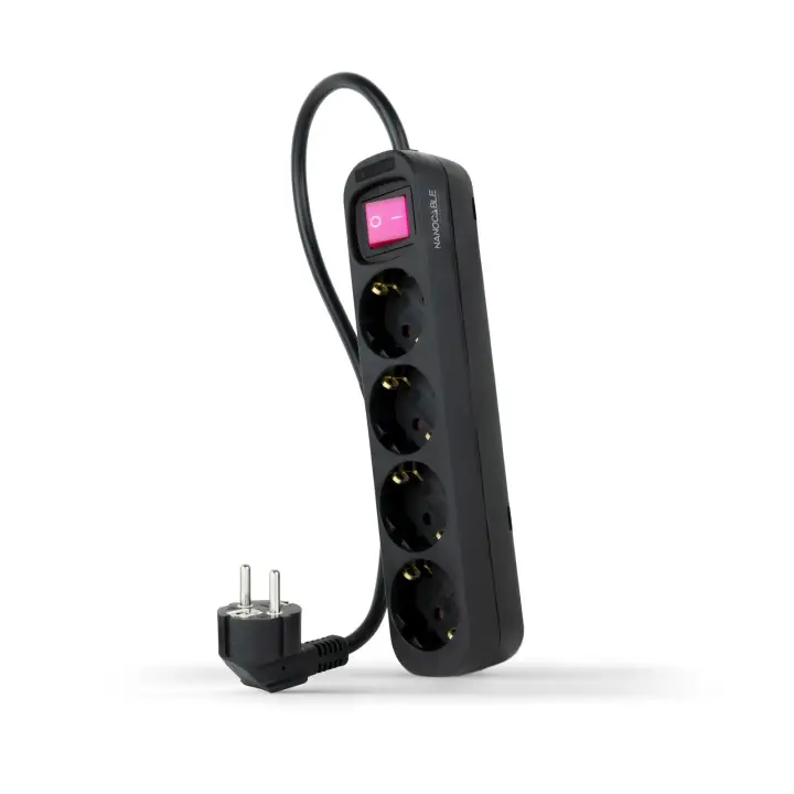 Regleta de enchufes de 4 tomas con interruptor, 1.4 metros Negra