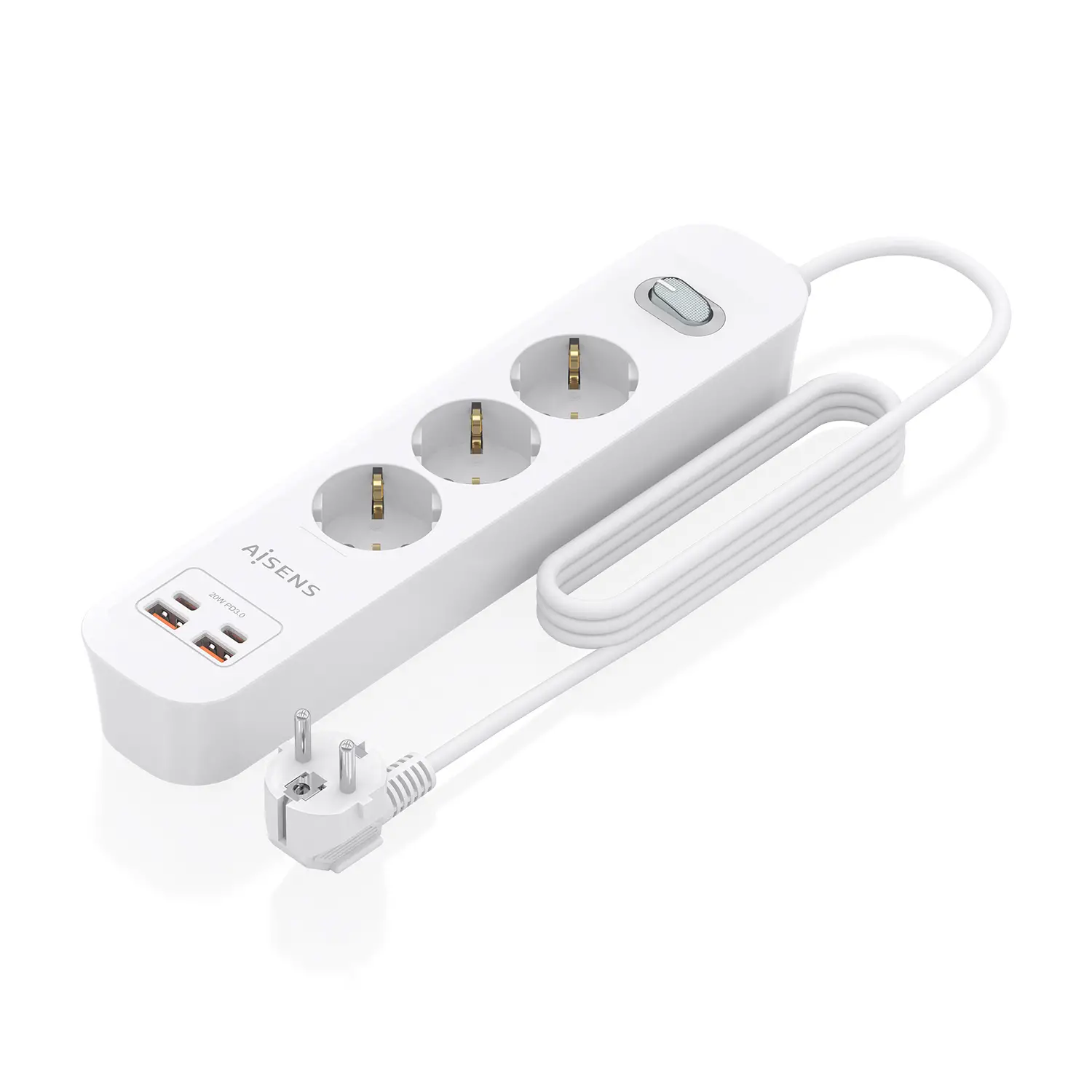 Regleta de Enchufes Multifuncion con 3 Tomas + Cargador PD3.0 20W 2xUSB-C, 2xUSB-A, 1.4m, Blanco