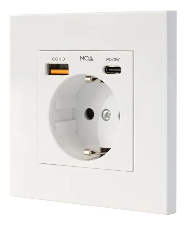 Base de enchufe de pared tipo schuko con 1xUSB-A QC 3.0 + 1xUSB-C..