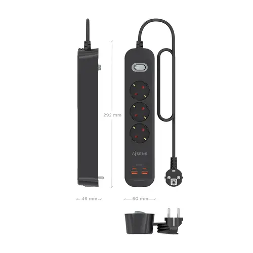 Regleta de Enchufes Multifuncion con 3 Tomas + Cargador PD3.0 20W 2xUSB-C, 2xUSB-A, 1.4m, Negro - Imagen 4