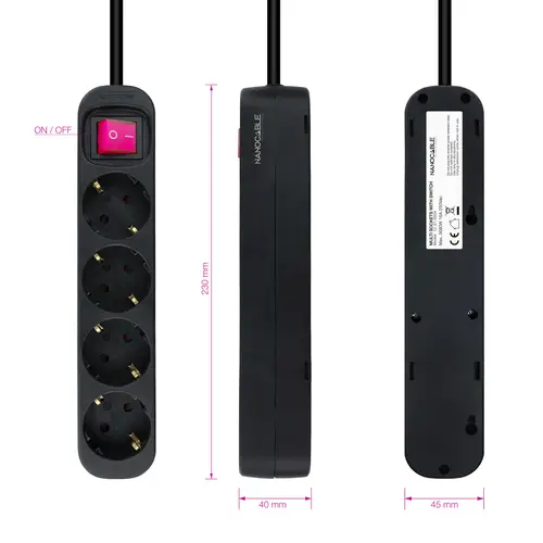 Regleta de enchufes de 4 tomas con interruptor, 1.4 metros Negra - Imagen 2
