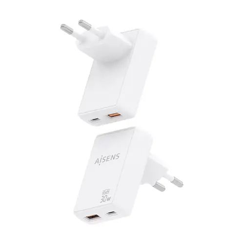 Cargador De Pared GaN Ultra Delgado 30W, 1xUSB-C PD3.0 QC4.0, 1xUSB-A QC3.0, Blanco - Imagen 3