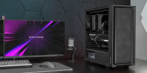 MC-PMAX, Caja Profesional ATX, 4x Ventiladores FDB 120mm, Panel Frontal Mesh, Ventana Lateral Cristal Templado, Semitorre PC con Diseño Doble Cámara, Soporte Refrigeración Líquida, Negro - Imagen 2