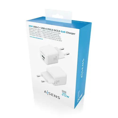 Cargador GaN 20W, 1xUSB-C PD3.0 QC4.0, 1xUSB-A QC3.0, Blanco - Imagen 6