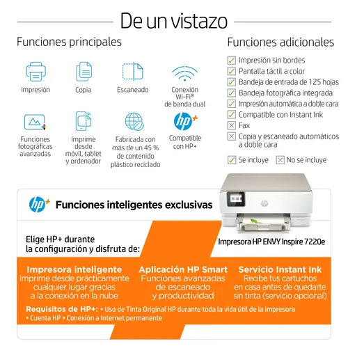 ENVY Inspire 7220e Inalámbrico All-in-One Color Impresora, Instant Ink  Fotocopiadora, escáner - Imagen 6