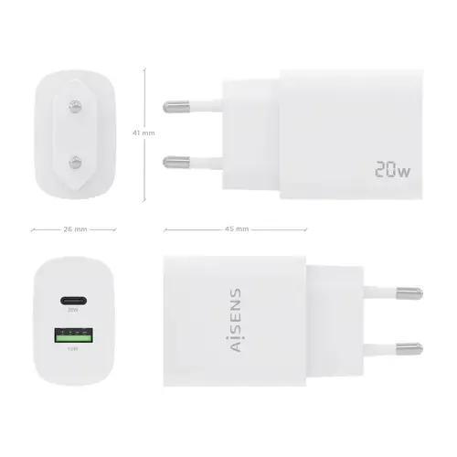 Cargador 20W, 1xUSB-C PD3.0, 1xUSB-A QC3.0, Blanco - Imagen 4