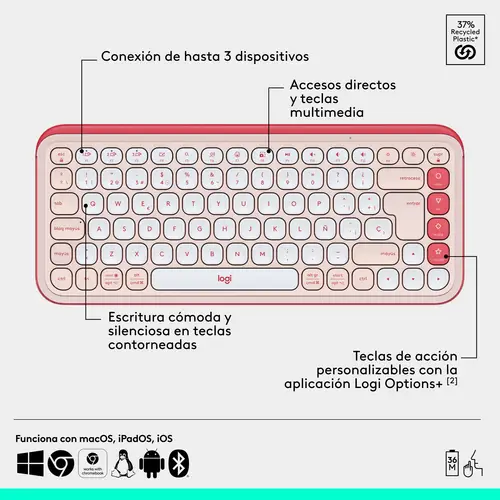 POP ICON COMBO, combinación de teclado y ratón Bluetooth, escritura cómoda, teclas y botones programables, clics discretos, Easy-Switch hasta 3 dispositivos: rosado - Imagen 6