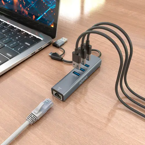 Conversor USB3.2 Gen1 USB-A+USB-C A Ethernet Gigabit 10/100/1000 Mbps + Hub 3xUSB3.0, Gris, 15cm - Imagen 6
