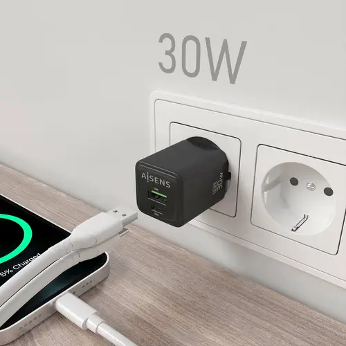 Cargador Gan 30W, 1xUSB-C PD3.0 QC4.0, 1xUSB-A QC3.0, Negro - Imagen 5