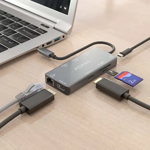 USB-C Dock 9 En 1, USB-C a 2xHDMI, 1xRJ45, 2xUSB-A USB3.0, 1xUSB-A USB2.0, 1xUSB-C PD, 1xSD, 1xMicro SD, Gris, 15cm - Imagen 5