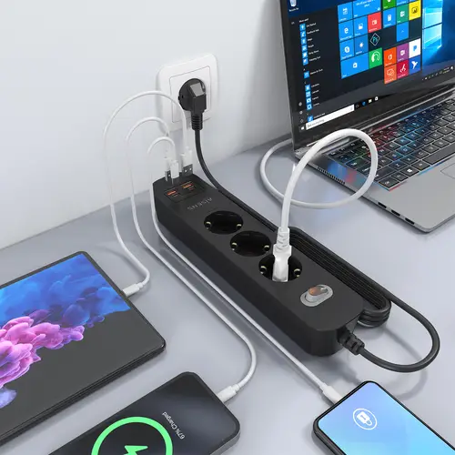 Regleta de Enchufes Multifuncion con 3 Tomas + Cargador PD3.0 20W 2xUSB-C, 2xUSB-A, 1.4m, Negro - Imagen 6