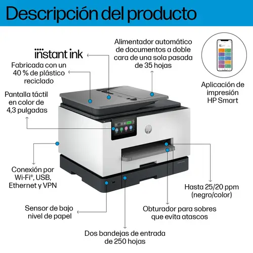 OfficeJet Pro 9132e Inalámbrico All-in-One Color Impresora, Servicio Instant Ink  Impresión a doble cara - Imagen 3