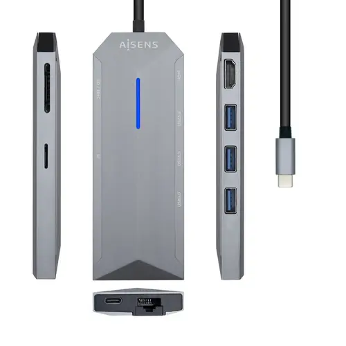 USB-C dock 8 en 1, USB-C a 1xHDMI, 1xRJ45, 3xUSB, 1xPD, 1xSD, 1xMicroSD, Gris, 15 cm - Imagen 1