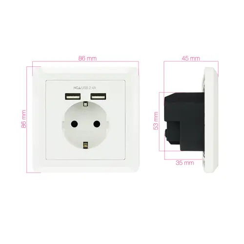 Base de enchufe de pared tipo schuko con 2 tomas USB Max. 2.4A, blanca - Imagen 4