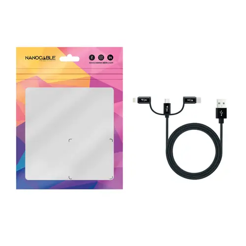 Cable USB 3 en 1 Carga/Datos USB-A a USB-C/Micro USB/Lightning 1 m, Negro - Imagen 2