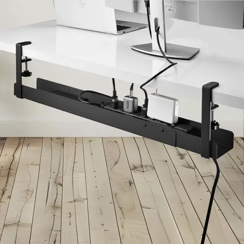 Bandeja Gestionador de Cables Negro - Soporte de Regleta - para Debajo del Escritorio - Ajustable en Longitud - Fijación con Mordaza - Instalación sin Perforaciónes - Negro - Imagen 7