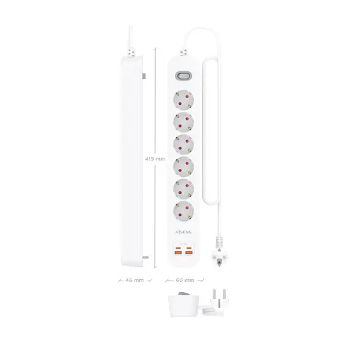 Regleta de Enchufes Multifuncion con 6 Tomas + Cargador PD3.0 20W 2xUSB-C, 2xUSB-A, 1.4m, Blanco - Imagen 4