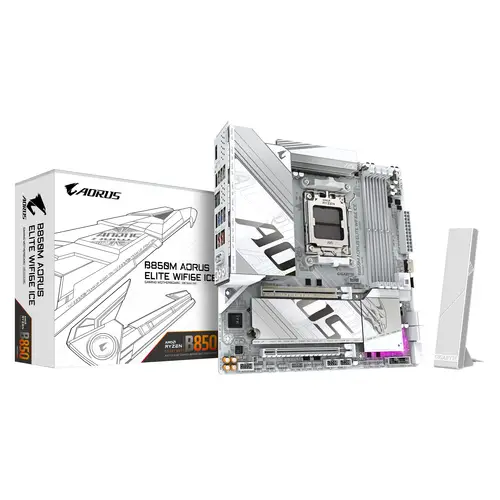 B850M AORUS ELITE WIFI6E ICE Placa Base - Procesadores AMD Ryzen Serie 9000, 12+2+1 fases VRM digitales, hasta 8200MHz DDR5 (OC), 1xPCIe 5.0 + 1xPCIe 4.0 M.2, LAN 2.5, WIFI 7, USB 3.2 Gen 2 - Imagen 1