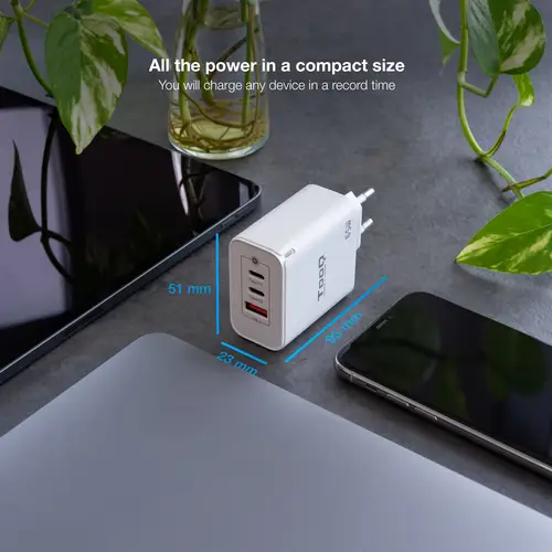 Cargador de Pared GaN 2USB-C/PD + USB-A/QC 65W, Blanco - Imagen 2