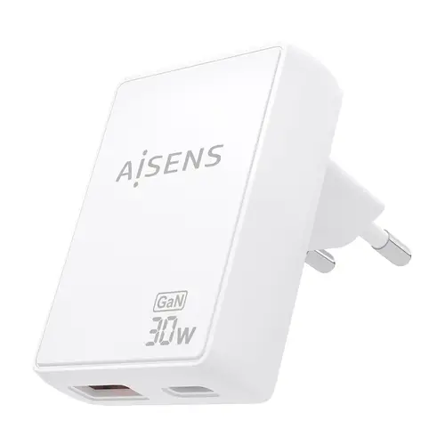 Cargador De Pared GaN Ultra Delgado 30W, 1xUSB-C PD3.0 QC4.0, 1xUSB-A QC3.0, Blanco - Imagen 2