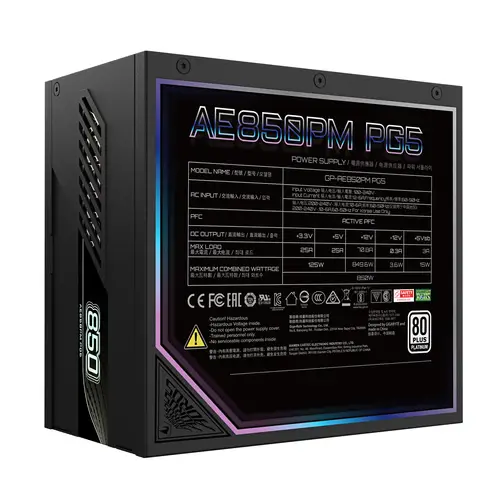 AORUS ELITE P850W Fuente de Alimentación - PCIe 5.0, 80 PLUS Platinum, Diseño completamente modular, Ventilador de 120 mm, Compatible con ATX 3.0, Enchufe UE - Imagen 3