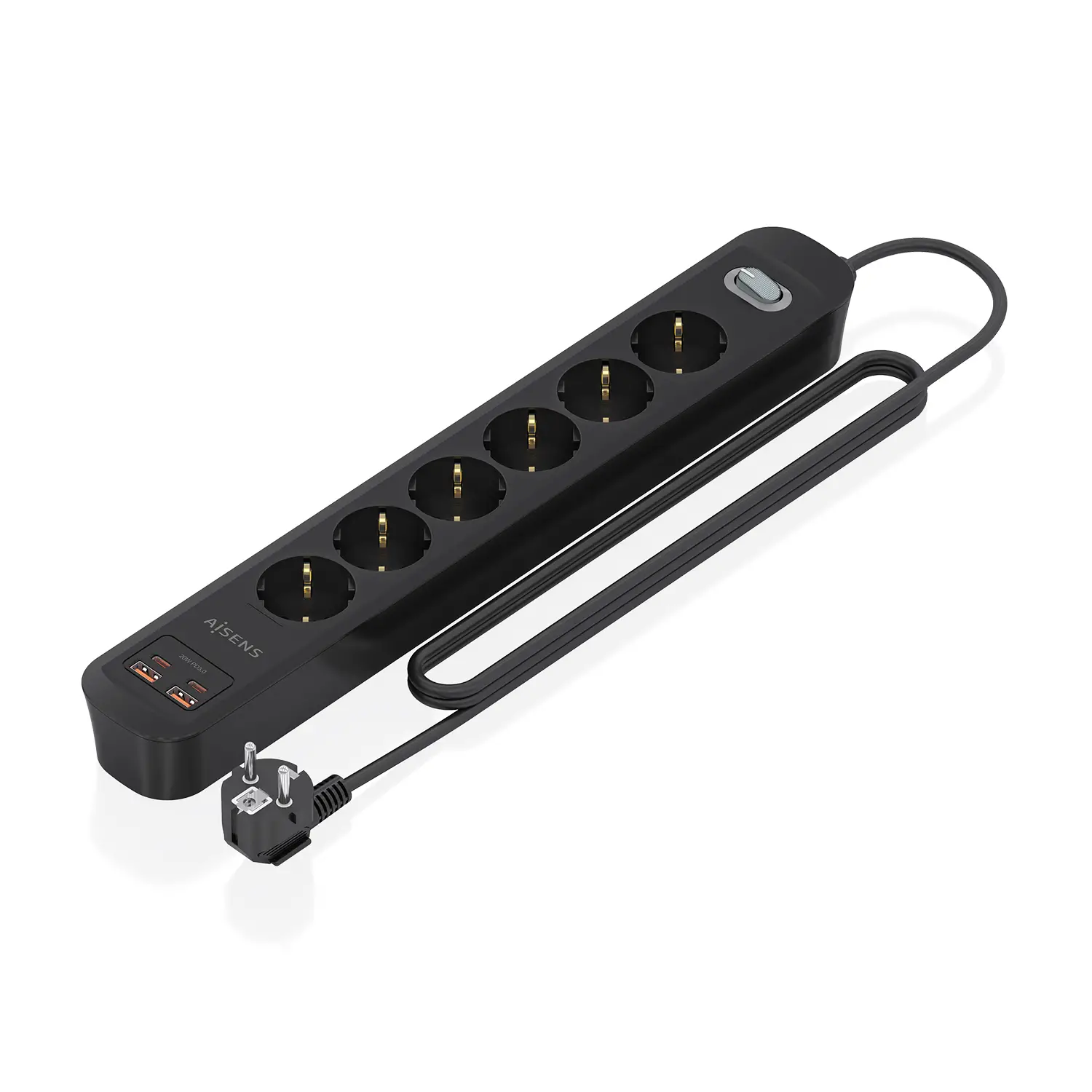 Regleta de Enchufes Multifuncion con 6 Tomas + Cargador PD3.0 20W 2xUSB-C, 2xUSB-A, 1.4m, Negro