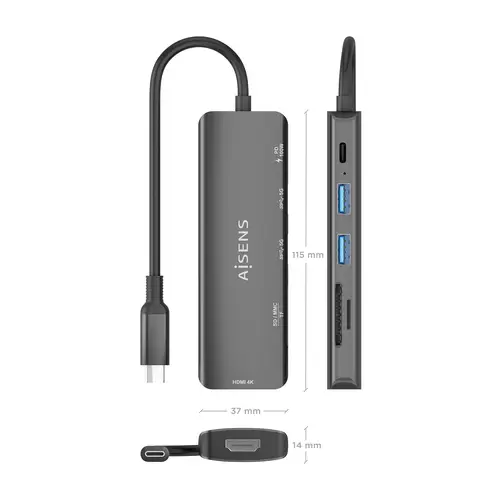 USB-C Dock 6 en 1, USB-C A, 1x HDMI, 2x USB-A, 1x USB-C PD 100W, 1x SD, 1x MicroSD, Gris, 15cm - Imagen 4