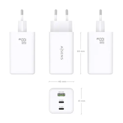 Cargador GaN 100W, 2x USB-C PD3.0 QC4.0 QC5.0, 1x USB-A QC3.0, Blanco - Imagen 4
