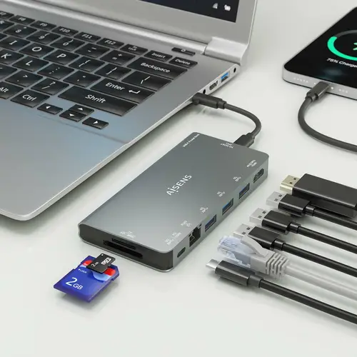 USB-C Dock 8 en 1, USB-C a 1xHDMI, 1xRJ45, 3xUSB-A, 1xUSB-C Datos+PD, 1xSD, 1xMicro SD, Gris, 10 cm - Imagen 5