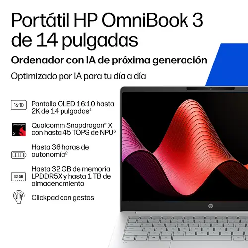 OmniBook 3 Laptop Next Gen AI 14-hz0010nsx Copilot+ PC Snapdragon X1-26-100 Portátil 35,6 cm (14") 2K 16 GB LPDDR5x-SDRAM 1 TB SSD Wi-Fi 6E (802.11ax) Windows 11 Home Plata - Imagen 2