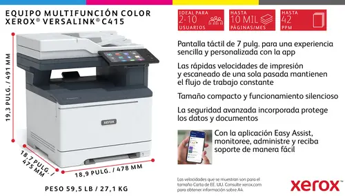 VersaLink C415 A4 40 ppm Copia/impresión/escaneado/fax a doble cara PS3 PCL5e/6 2 bandejas 251 hojas - Imagen 12