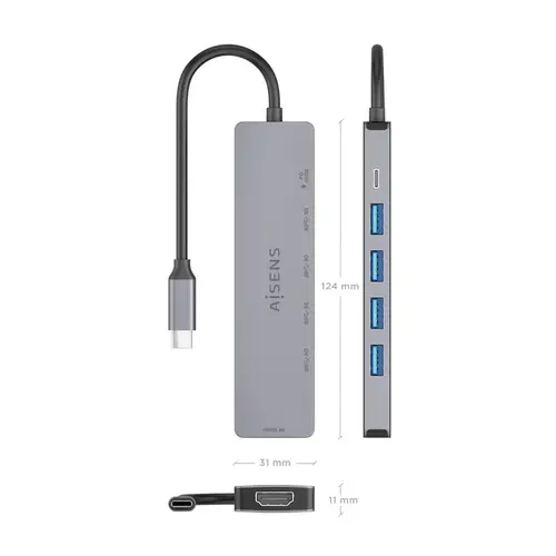 USB-C Dock 6 en 1, USB-C a 1xHDMI, 4xUSB-A, 1xUSB-C PD 100W, Gris, 15cm - Imagen 4