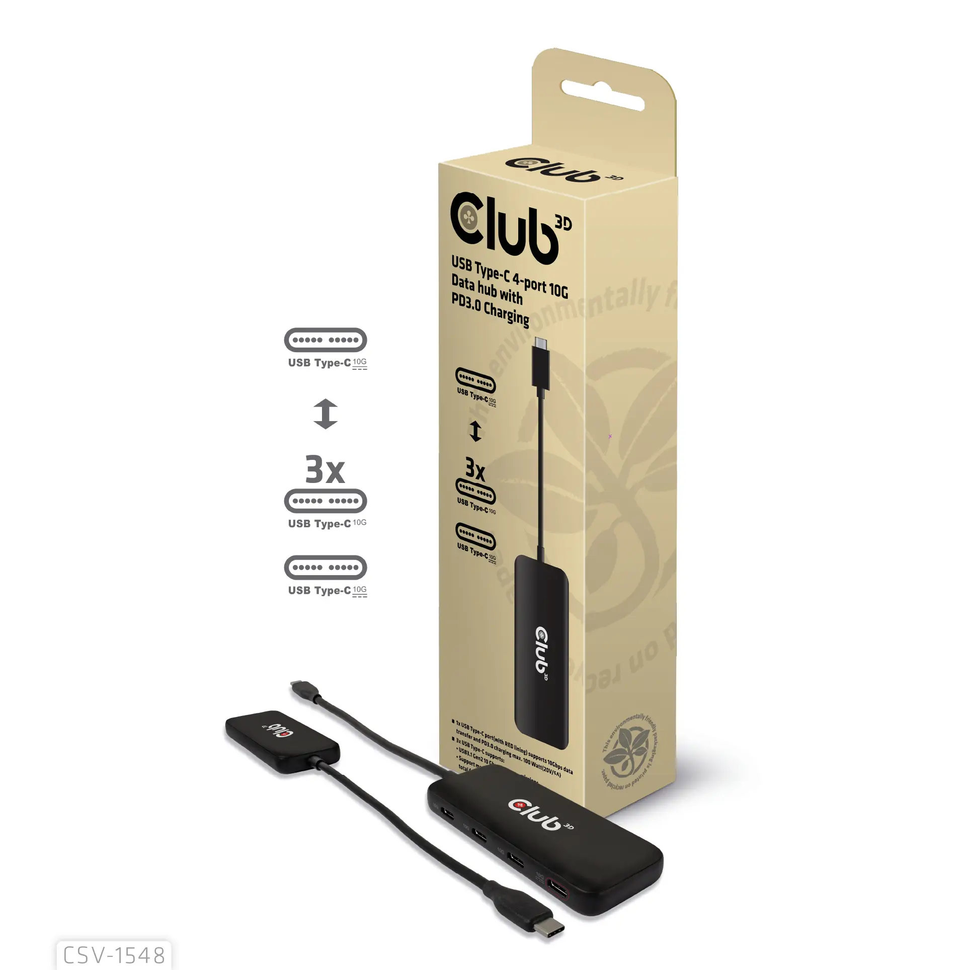 CSV-1548 hub de interfaz USB 3.2 Gen 1 (3.1 Gen 1) Type-C Negro