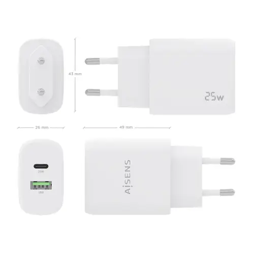 Cargador 25W, 1xUSB-C PD3.0, 1xUSB-A QC3.0, Blanco - Imagen 4