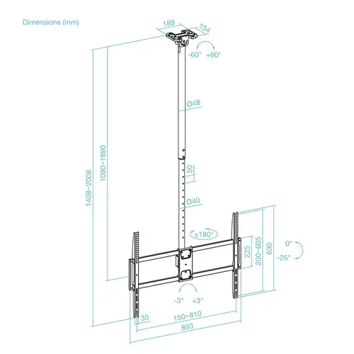 Soporte de Techo Extensible para Pantallas 50"-100", Negro - Imagen 4