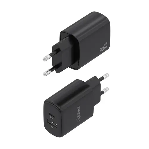 Cargador GaN 30W, 1xUSB-C PD3.0 QC4.0, 1xUSB-A QC3.0, Negro - Imagen 3