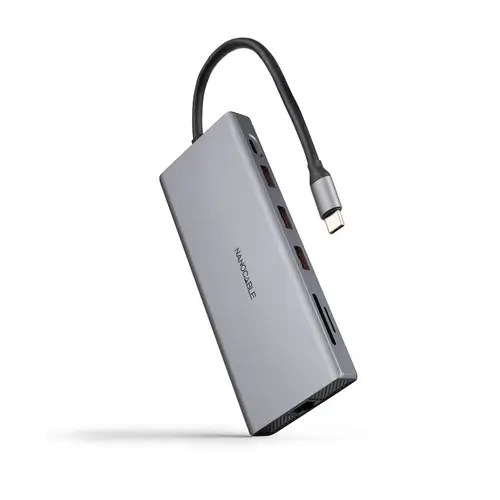 Hub USB-C 12 en 1, Conversor USB-C 3.1 a 3xUSB-A 3.2 + USB-C 3.2 + USB-C PD + 2xHDMI 4K@60Hz + DP 4K@60Hz + RJ45 1Gbps + TF + SD + Audio Jack 3.5, Aluminio, Gris, 18 cm - Imagen 1
