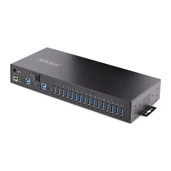 Hub Ladrón USB 3.0 5Gb de 16 Puertos Industrial - Metal - Montaje en Rack/Superficie/DIN - Carga Compartida USB 120W - ESD - Bloque de Terminales - Switch de 2 Hosts
