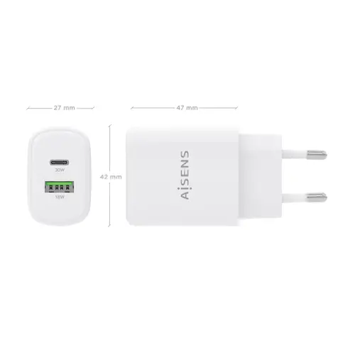 Cargador GaN 30W, 1xUSB-C PD3.0 QC4.0, 1xUSB-A QC3.0, Blanco - Imagen 4