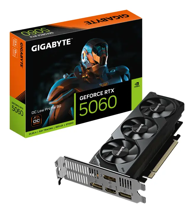 GeForce RTX 5060 OC Low Profile 8G Tarjeta Gráfica - 8GB GDDR7, 128bit, PCI-E 5.0, 2512 MHz Frecuencia del núcleo, 3 x DisplayPort, 1 x HDMI, GV-N5060OC-8GL