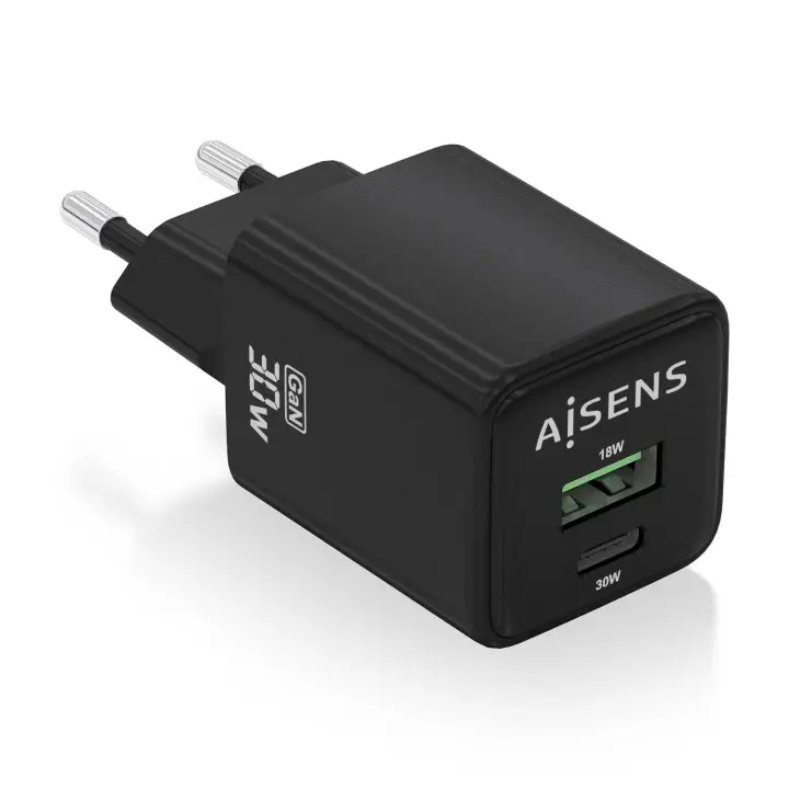 Cargador Gan 30W, 1xUSB-C PD3.0 QC4.0, 1xUSB-A QC3.0, Negro