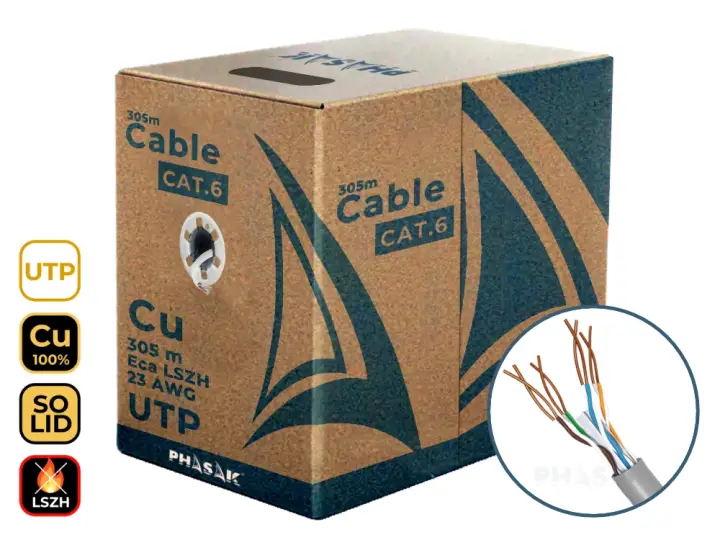 Bobina Cobre 100% Sólido UTP Certificada LSZH AWG24 Cat.6 305 m cable de red - PHR 652