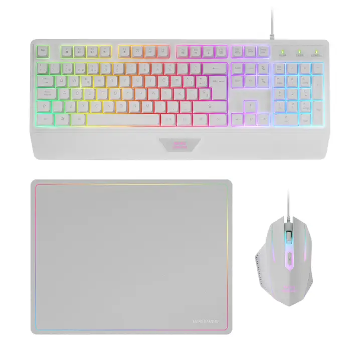 MCP124, Combo Gaming 3en1, Teclado Ergonómico H-Mech LED RGB, Ratón RGB 3200DPI Switches HUANO, Alfombrilla Nanotextil 360x260mm, Compatibilidad Multiplataforma, Layout Español, Blanco