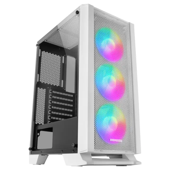 MC-C, Caja PC ATX, Panel Frontal Metal-Mesh, Cristal Templado, 3 Ventiladores Frontales FRGB 120mm, Blanco